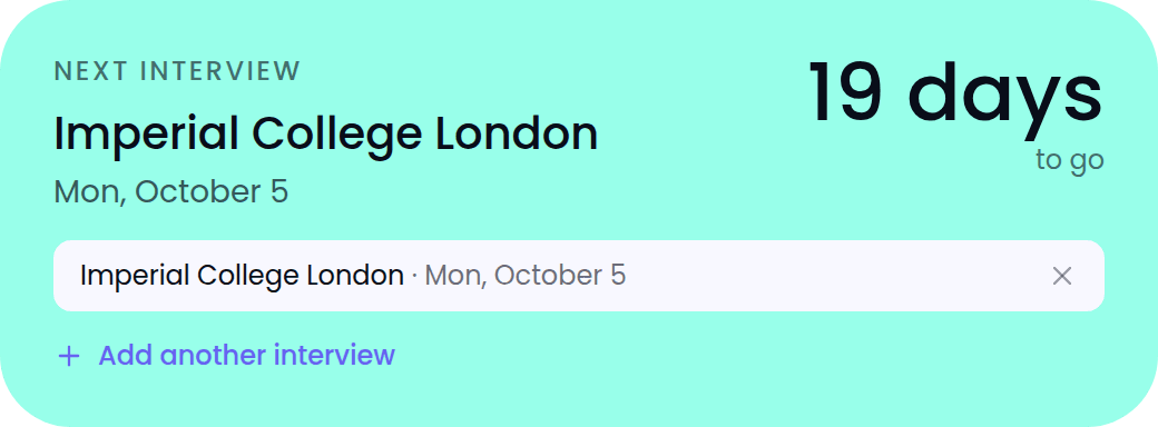 Next interview card counting down 19 days to Imperial College London