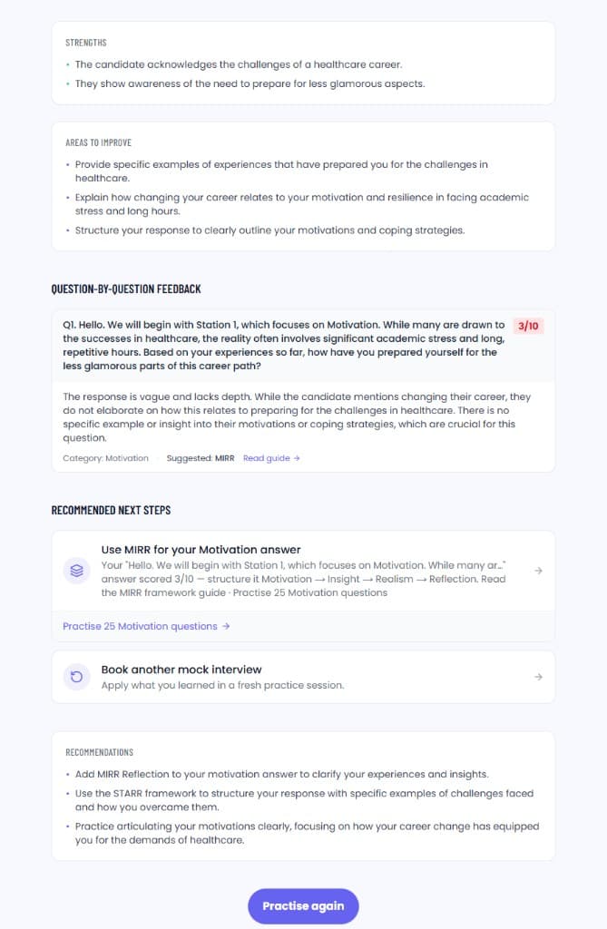 Recommended next steps, framework suggestions, and practice links after a mock interview