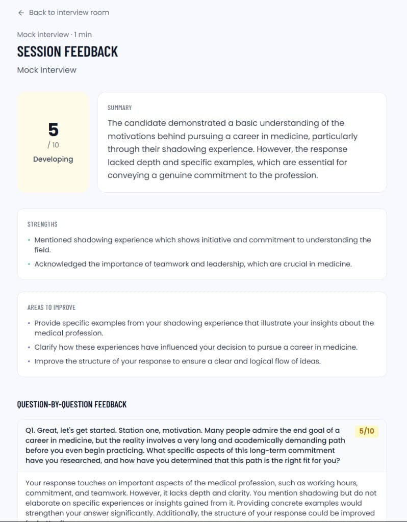 Session feedback overview with overall score, summary, and question-by-question breakdown